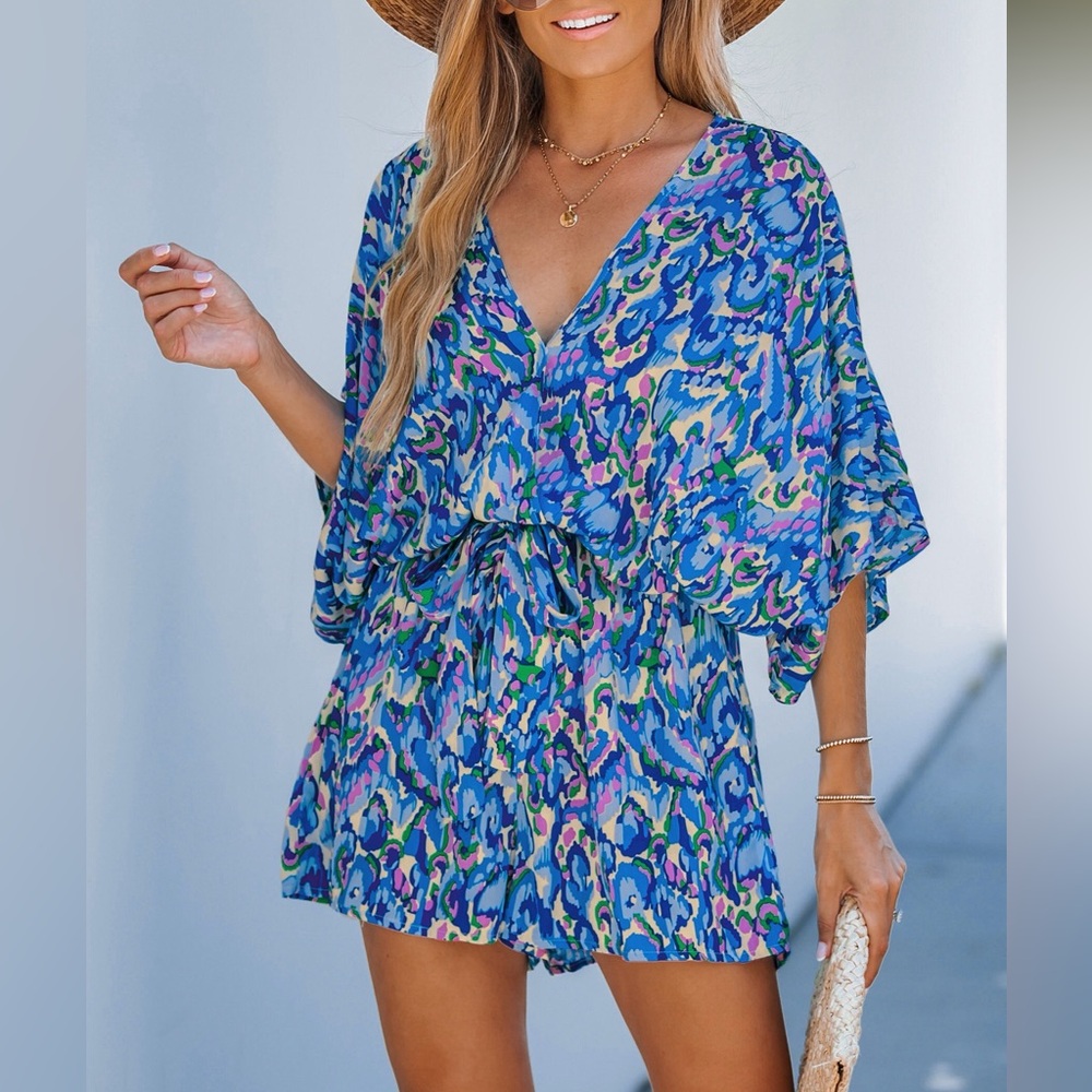 Vibrant Blue and Green Women's romper - Picture 3 of 5